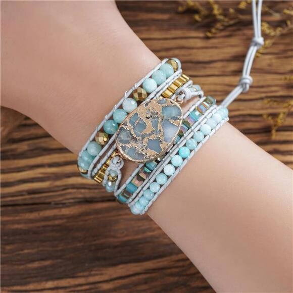 Women Boho Handmade Natural Stone Crystal Leather Bead Wrap Bracelets - Picture 3 of 7